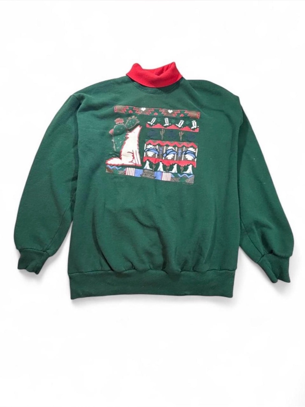 Vintage 90s Gopher Sport Southwestern Wolf Coyote Sweatshirt XL Mock Neck Aztec